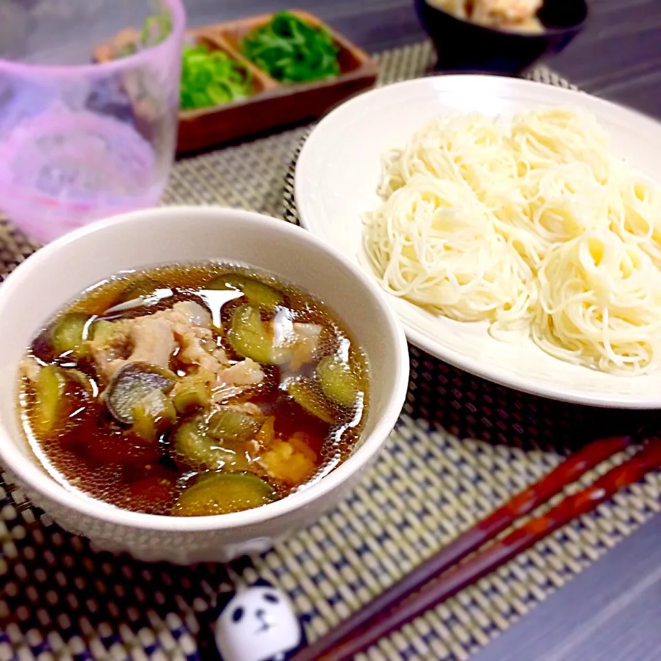 Snapdishの料理写真:お茄子と豚バラ肉のあったかそうめん◡̈♡🍆✨|さくらさん