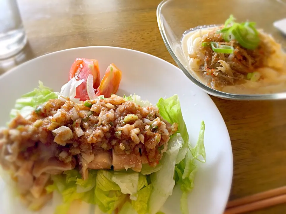 蒸し鶏の香味だれときんぴらごぼうの豆乳うどん|NOZOMiさん