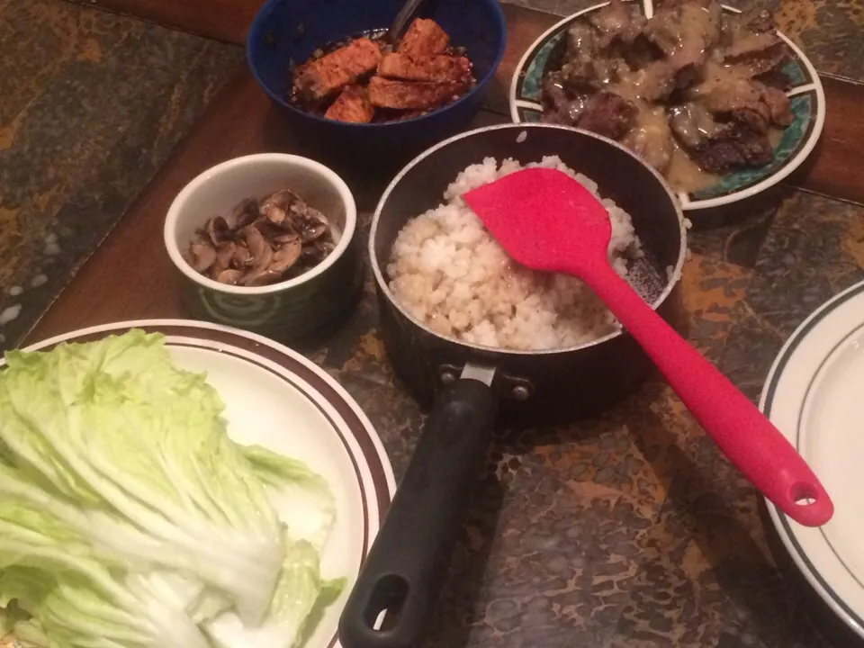 Rice with gravy
Braised short ribs
Firm tofu with oyster sauce soy sauce and homemade juices with green onions seasoning the tofu
Stirfried buttered  mushrooms
|Olivia L Ageeさん