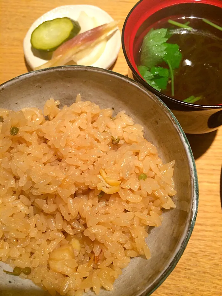 小柱と実山椒の炊き込み御飯、沖縄モズクのお吸い物|yasukoさん