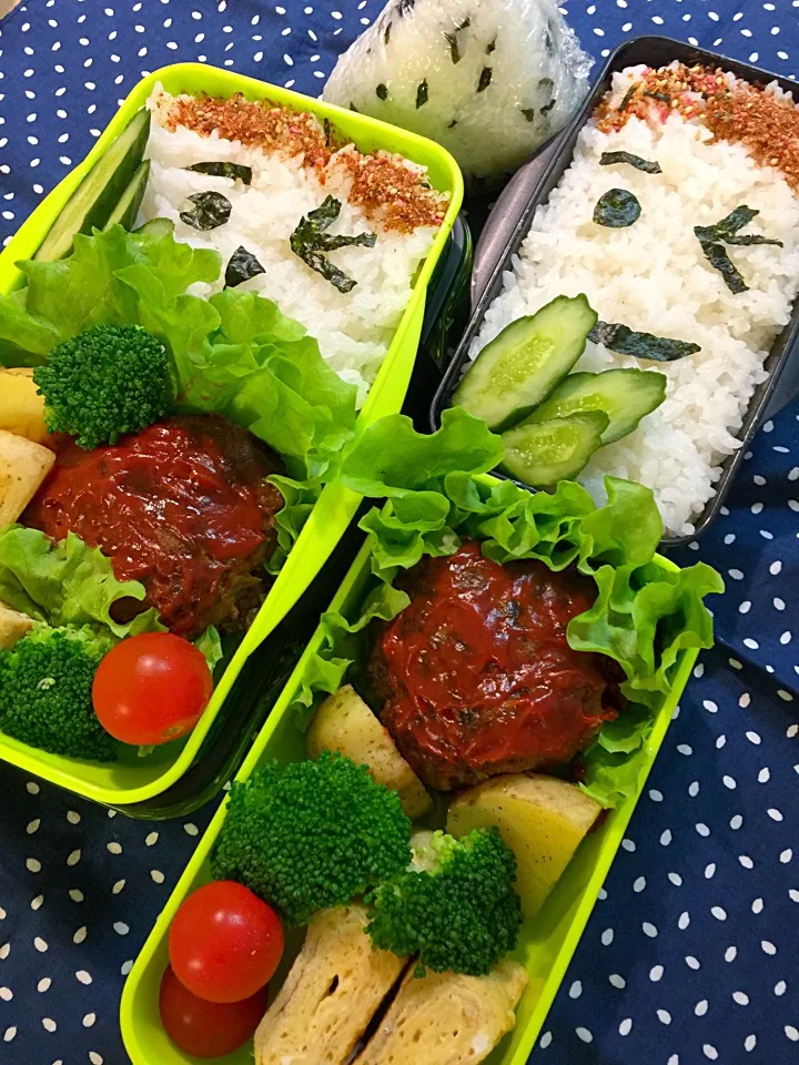 Snapdishの料理写真:2016.6.13 中１＆高１男子 ハンバーグ弁当(*´∇｀*)|mari-pさん