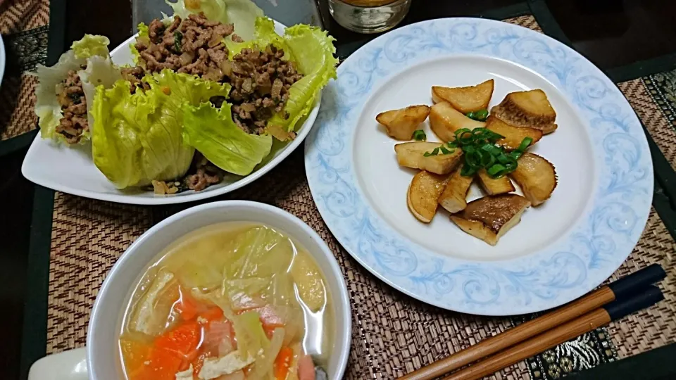 ひき肉とレタス&野菜スープ&エリンギ|まぐろさん