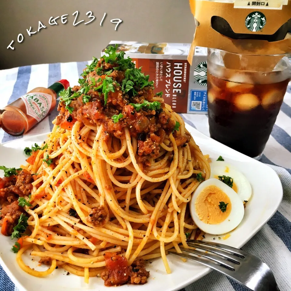 コーヒーと自家製のミートソースでパスタ🍝|とかげ2319さん