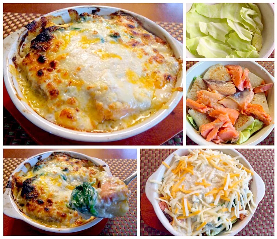 Snapdishの料理写真:Salmon&spinach au gratin♨️塩鮭とほうれん草の和風ｸﾞﾗﾀﾝ|🌈Ami🍻さん