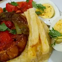 Egyptian koshary with eggplant & boiled egg & green salad and fries 😊😍|alaaさん