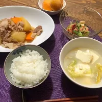 肉じゃが。ボイルいかの酢味噌あえ。レタスと豆腐と卵の中華スープ。|Reina Reinaさん