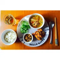 Deep fried chicken with herb, Fermented fish spicy dip with vegetable soup 😊|Nanaさん