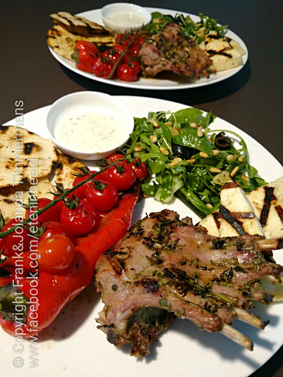 Goat lamb racks, halloumi, tomato, paprika, tortilla,'s from the BBQ with salad and sauce|Frank&Jolanda - Eteninbeeldさん