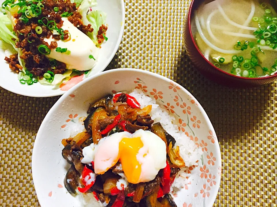 Snapdishの料理写真:残り野菜入焼肉丼
豆腐サラダ  肉味噌かけ
なすとひやむぎ入味噌汁|さえさん