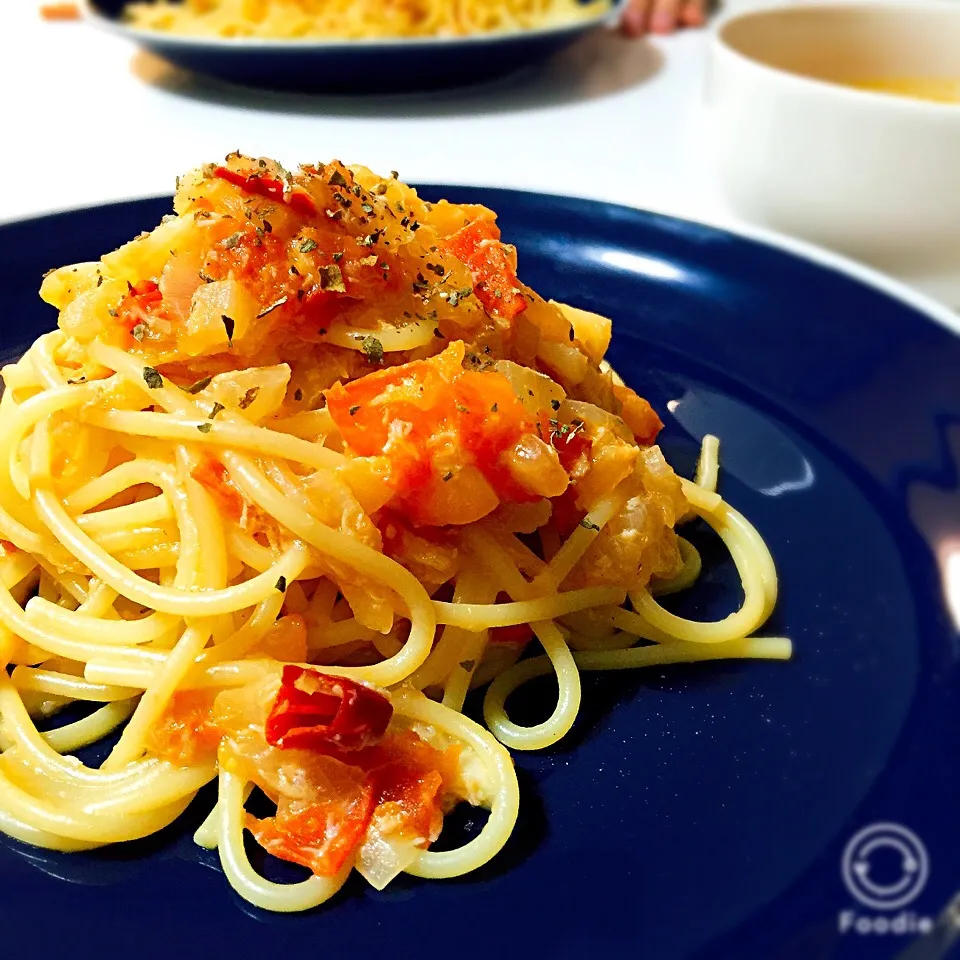 蟹缶パスタ かぼちゃスープ添え|にこりんさん