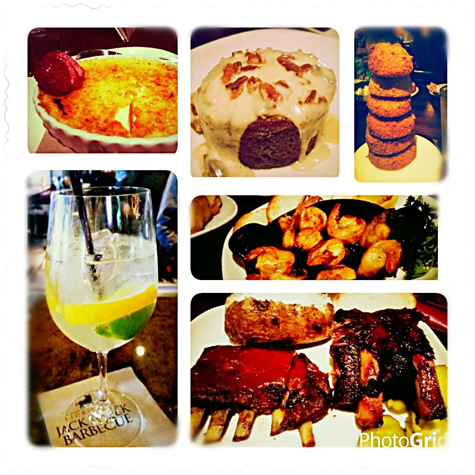 Tuesday night dinner at Jack Stack BBQ, KC, MO, USA  - Onion rings, BBQ shrimp, BBQ Lamb ribs, Beef ribs, White peach sangria, warm carrot cake and creme brulee|Jihollandさん