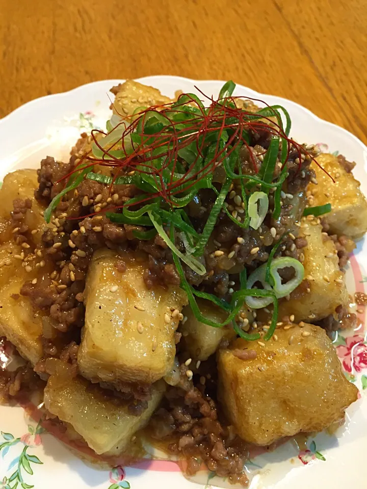 優雨さんの  揚げ出し高野豆腐の豚コマあんかけ|まつださんさん