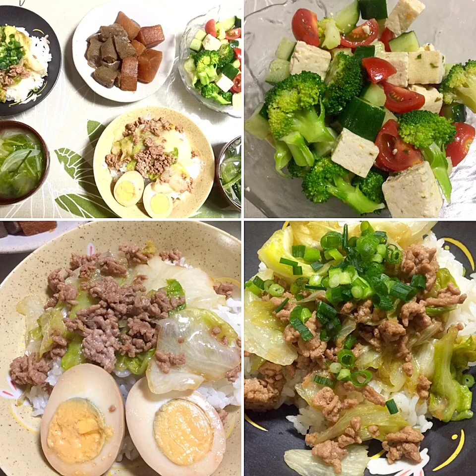 晩ご飯
レタス丼・味玉付きはお子様仕様、豆腐のオイル漬のサラダ|tabyさん