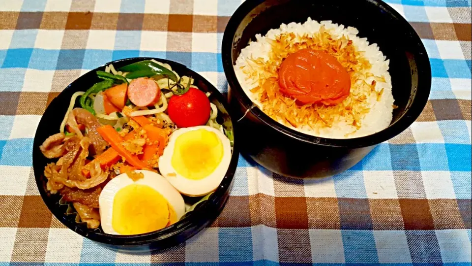 お弁当。生姜焼きと煮玉子と塩焼きそばとにんじんツナきんぴら。|エリカさん