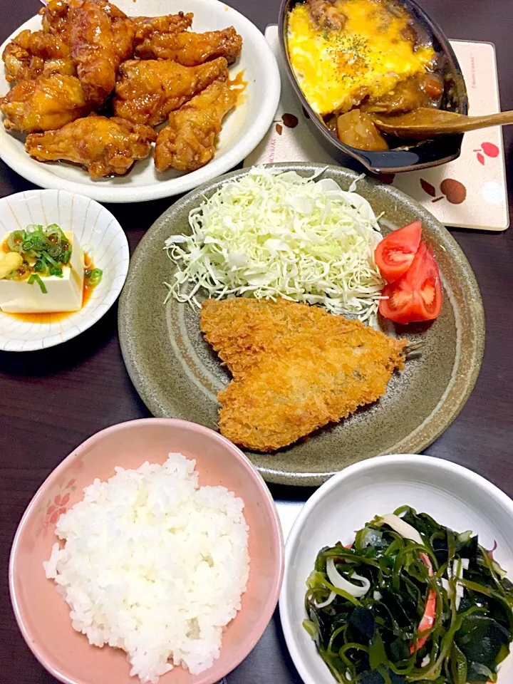 鯵フライ♡ 甘辛チキン♡ 焼きカレー♡ 海藻とカニカマの酢の物♡|yumikoさん