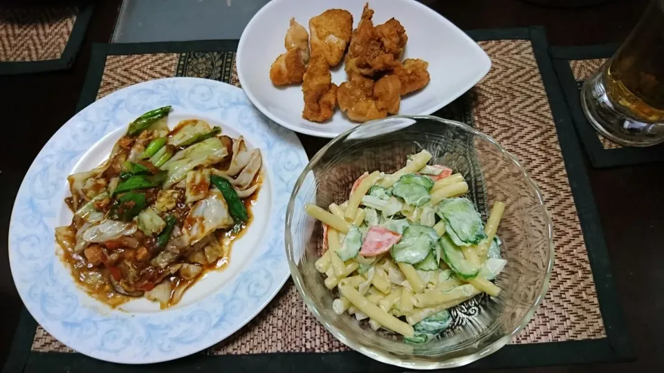 キャベツの味噌炒め&マカロニサラダ&鳥唐揚げ|まぐろさん