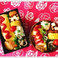 Snapdishの料理写真:今日のお弁当
☆オムライス
☆ポークビッツ
☆ほうれん草とツナとしめじのマヨ炒め
☆シャケの小松菜巻きフライ タルタルソース
☆トウモロコシ
☆れんこんのはさみ揚げ
☆さつまいもフライ|chikaさん