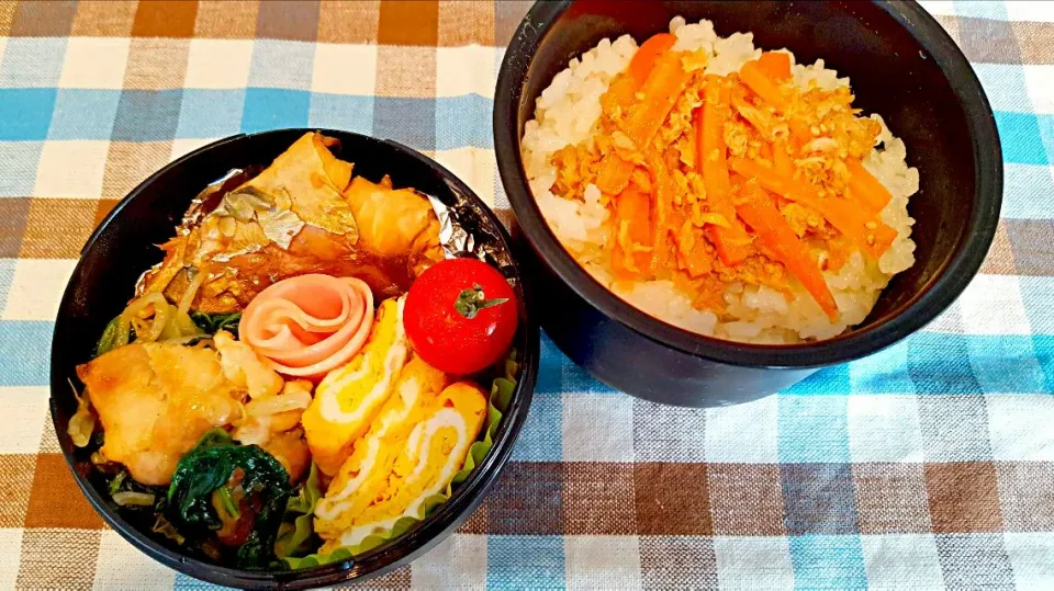 お弁当。鯖の味噌煮と出し巻きともやしほうれん草鶏の塩コショウ炒め。|エリカさん