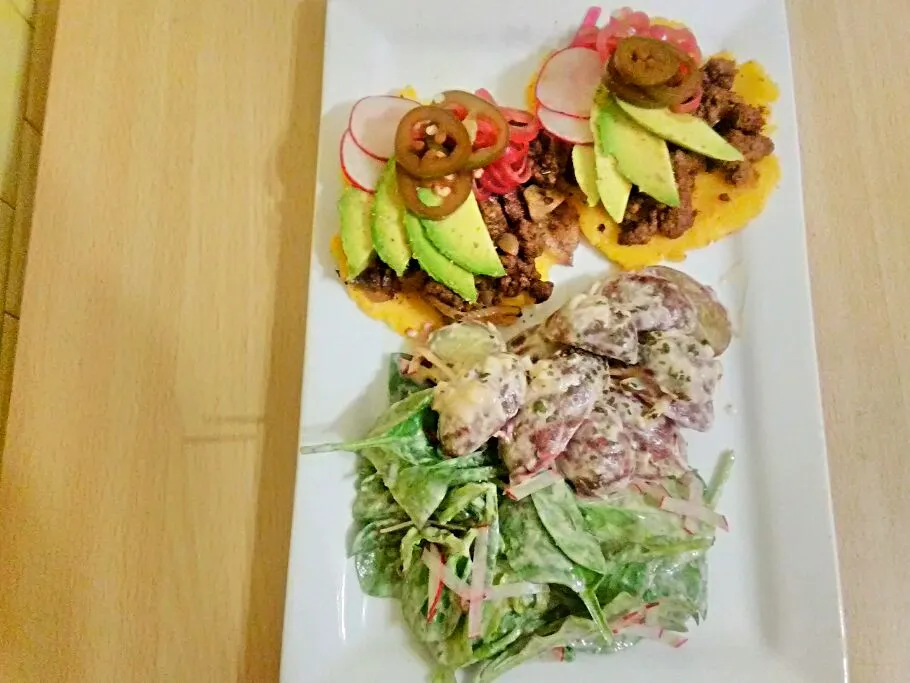 Beef Arepas with Pickled Onions and Jalapenos, Roasted Potato Salad with Cumin Lemon Dressing, and a Green Salad with Yogurt Herb Dressing. The arepas were made|bethさん