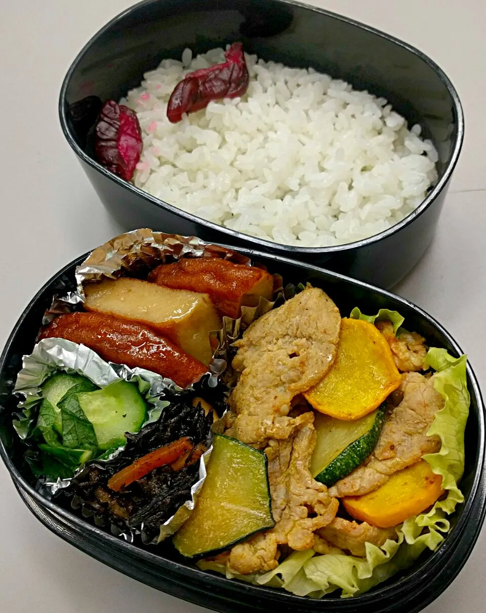 本日のサラメシは

豚肉とズッキーニのカレーマヨ焼き
薩摩揚げ煮
ひじき
きゅうりとしその浅漬

です(^o^)|ニッパーさん