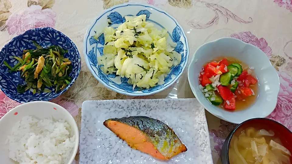 鮭の西京漬け😌キャベツの浅漬け😄きうりととまとの酢の物😋油揚げとホウレン草と長ネギのラー油あえ|たえさん