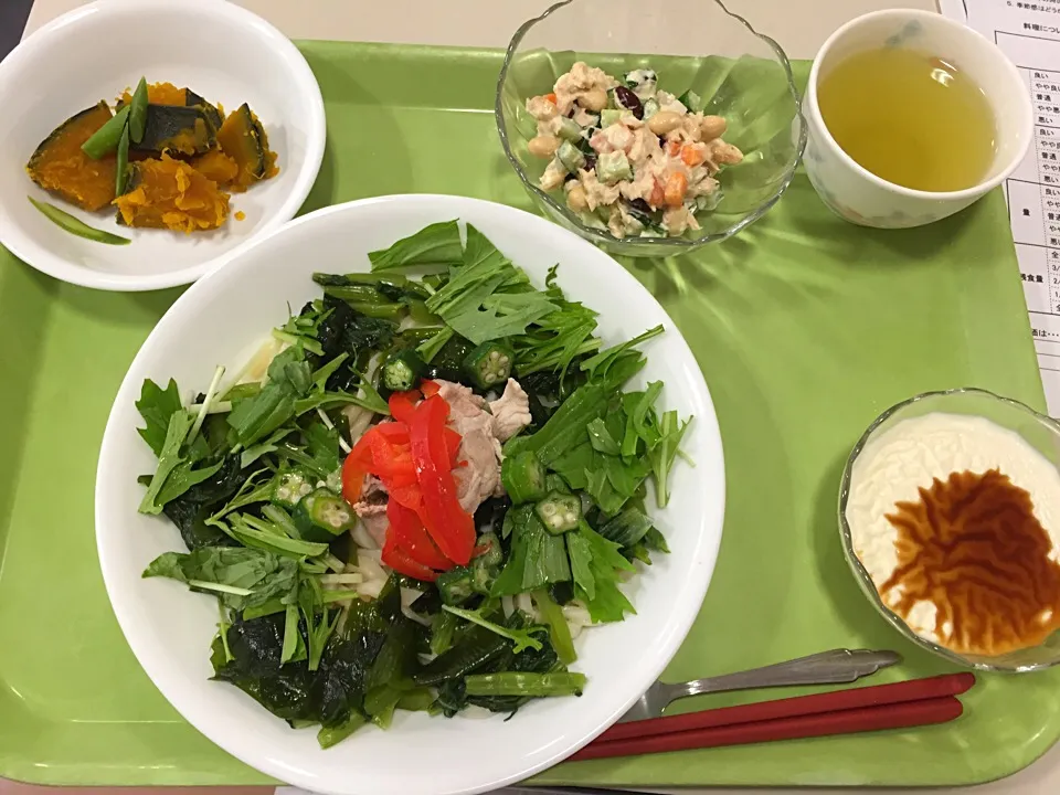 Snapdishの料理写真:たっぷり野菜のヘルシー肉うどん、2種の豆とツナのサラダ、かぼちゃの煮付け、黒蜜のかかった豆乳ミルクプリン|くぽさん