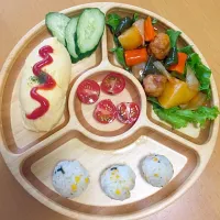 Snapdishの料理写真:さな飯(なんちゃって酢豚  オムレツ きゅうり ミニトマト のりたまおにぎり)#1歳5ヶ月#離乳食後期#さな飯