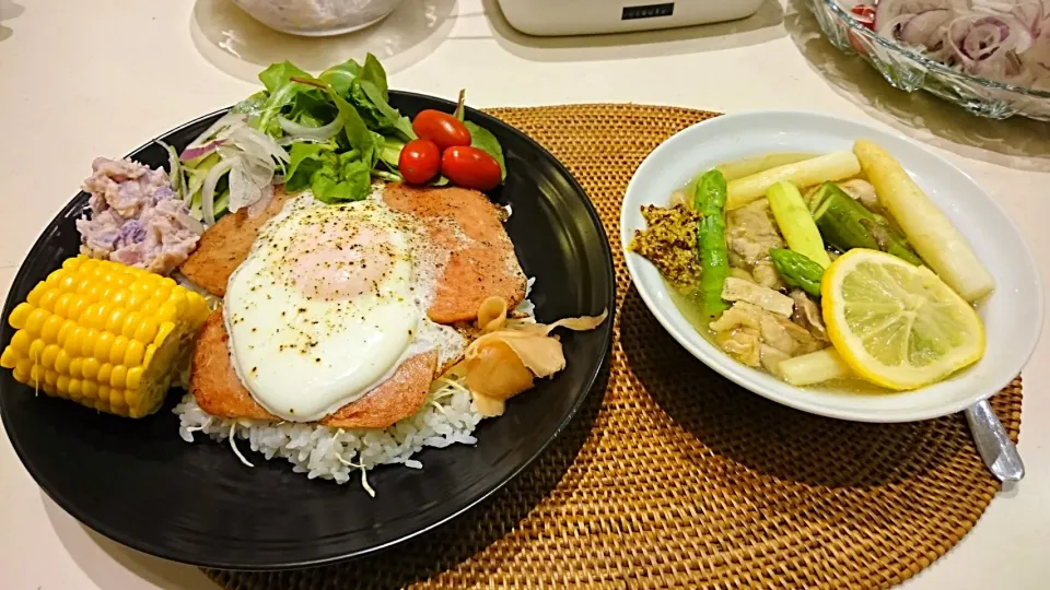 Snapdishの料理写真:昨日のまかない スパム丼と3種のアスパラマスタードスープ|ゆかりキッチンさん