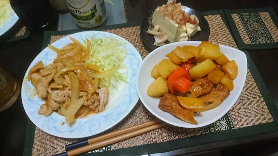 ごぼてんの煮物&豚の生姜焼き&冷奴|まぐろさん