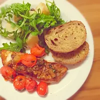 fish with tomato & caper sauce, potato & rocket salad and toasted rye bread|Milaiさん