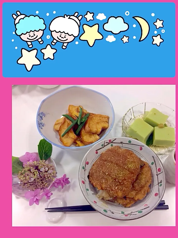 Snapdishの料理写真:ジャガイモの蒲焼・お麩の角煮風・枝豆豆腐🎵|ＳＵＺＵＫＩさん