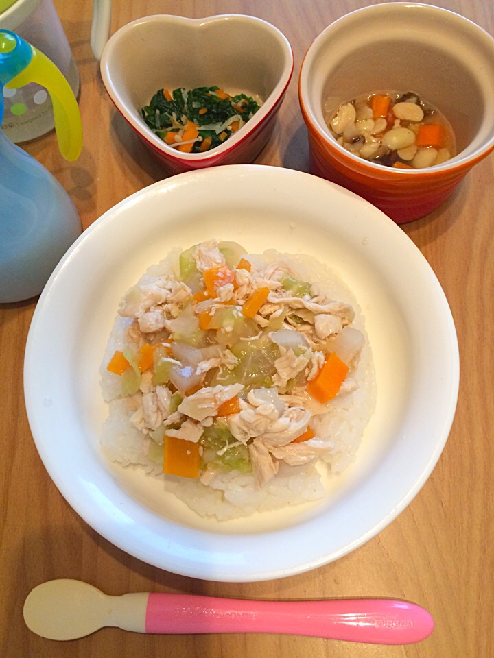 離乳食後期6 夕飯 ササミと野菜のスープ出汁あんかけ丼小松菜えのきおひたし五目豆 取り分け 大豆 椎茸 人参 Airi N Snapdish スナップディッシュ Id Yl495a