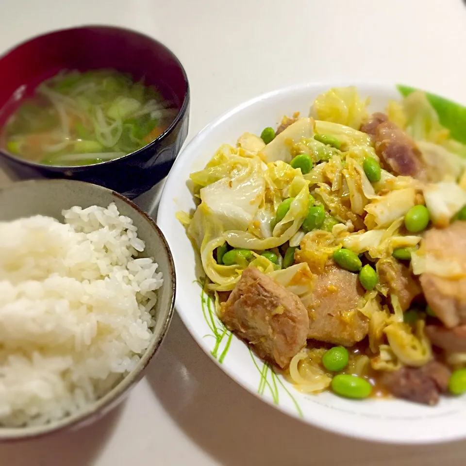 茹で豚ホイコーロー風（味噌ソース）、茹で豚野菜汁|ゆんみさん