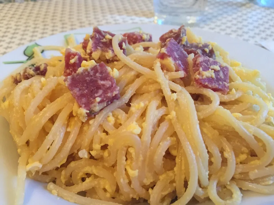 #carbonara al #salame

#spaghetti #pasta #cucina #ricette #cibo|matteo pisanoさん