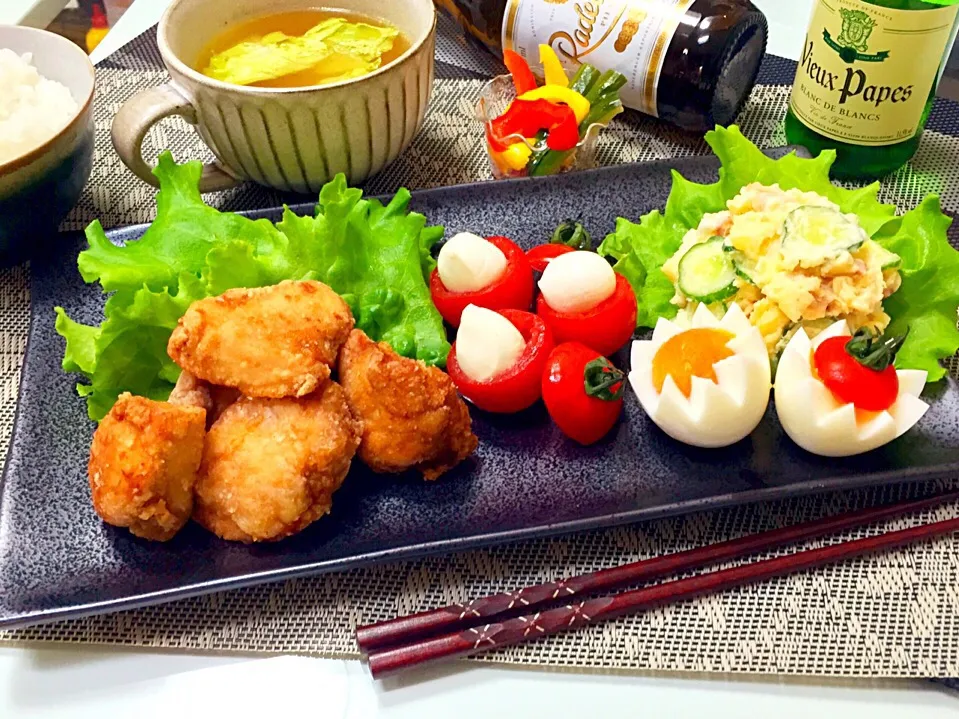 唐揚げ、ミニトマトのカプレーゼ🍅、ポテサラ|かえchanさん