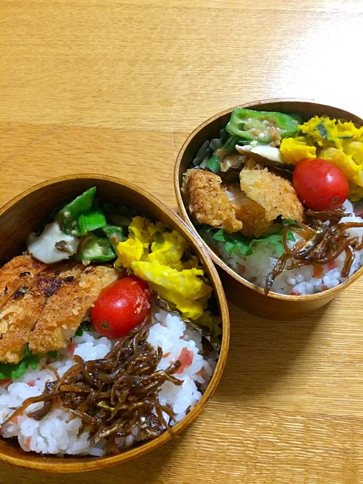 カリカリ梅の混ぜごはんとトンカツ弁当🍱|5ネコママさん