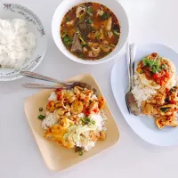 Snapdishの料理写真:Spicy saute, Thai style omelette and Fried egg over rice with Oxtripe spicy soup|U☆彡さん