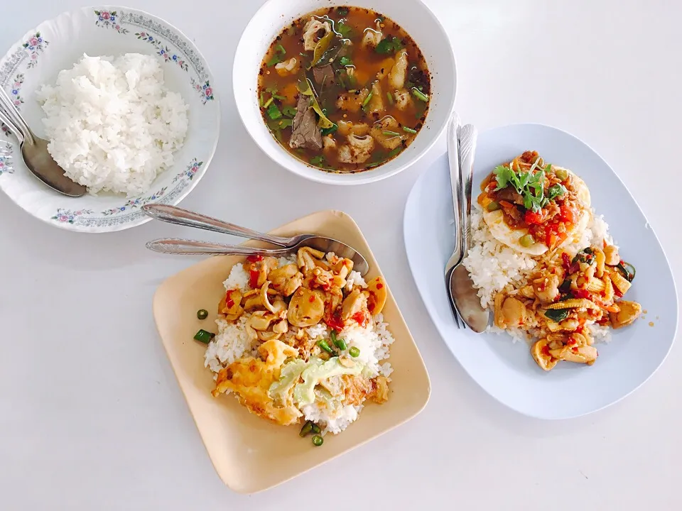 Spicy saute, Thai style omelette and Fried egg over rice with Oxtripe spicy soup|U☆彡さん