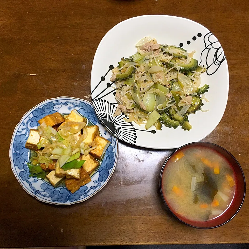 Snapdishの料理写真:ソーミンチャンプルーと厚揚げネギソースがけ|azusaさん