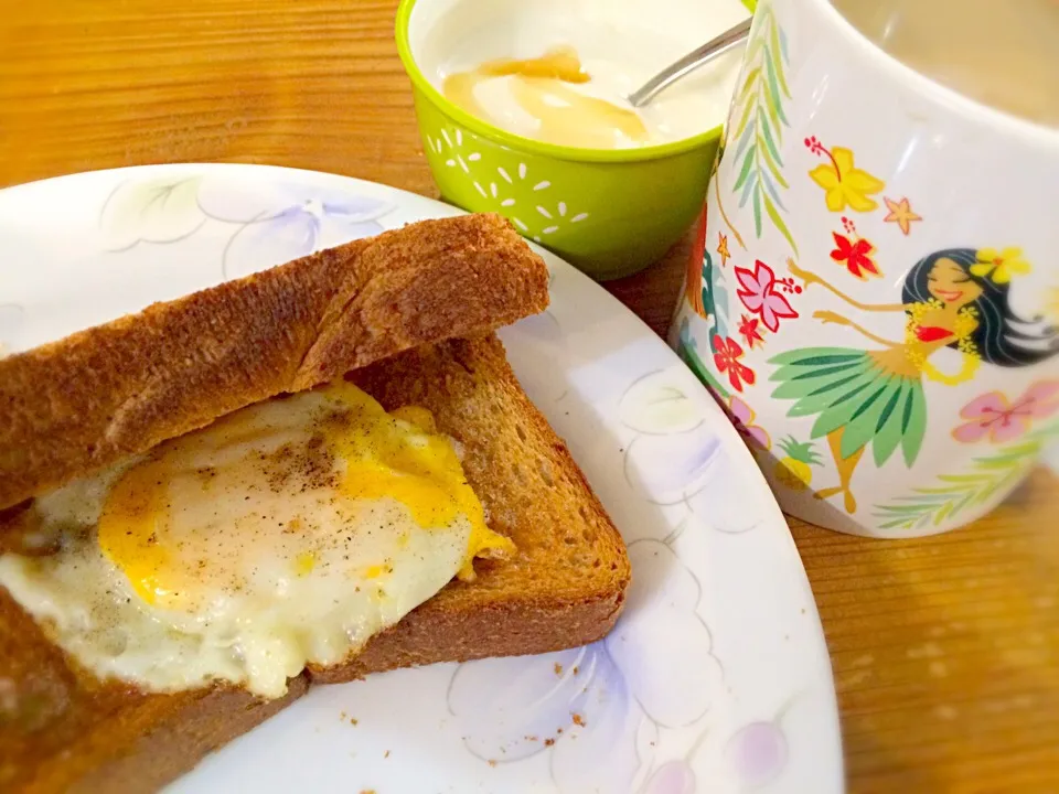 胚芽トーストに目玉焼きを挟んで。お供はハニーヨーグルト。|mikaさん