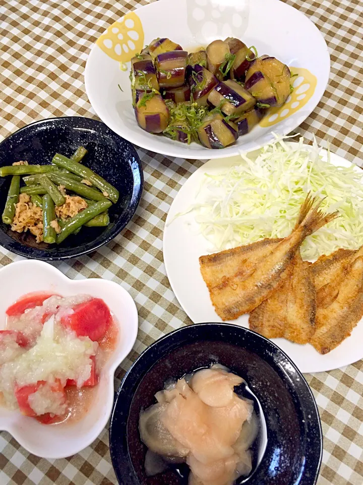 茄子のさっぱり煮🍀甘酢ショウガ🍀ニギスの唐揚げ🍀インゲンのツナマヨ炒め🍀トマトの玉ねぎソースあえ|☆光るさん