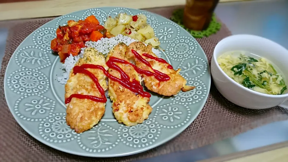 ワンプレートご飯！ささみピカタ、ラタトゥイユ、カリカリじゃことじゃがいもペペロンチーノ|おむすびさん