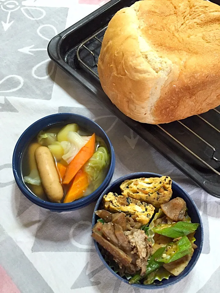 Snapdishの料理写真:朝焼き胡麻食パンと旦那さまのお弁当オカズ( •̀ .̫ •́ )✧|さくたえさん