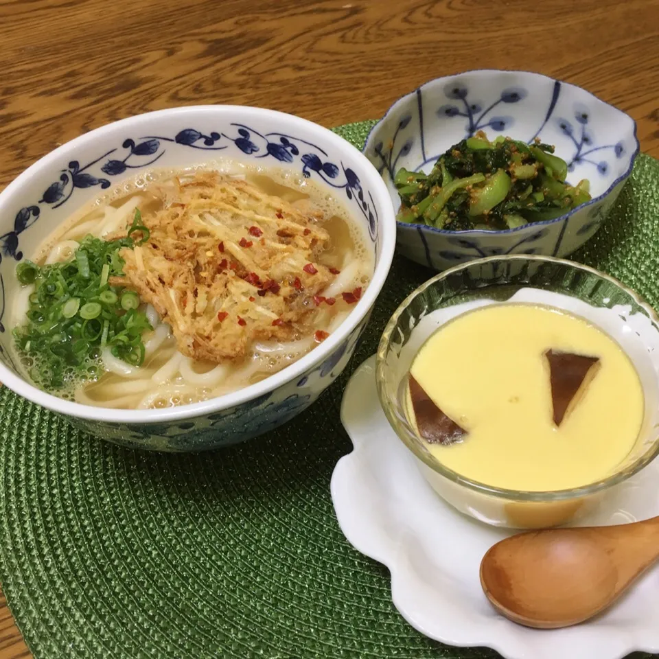 Snapdishの料理写真:久留米荘ゴボ天うどん・青梗菜の胡麻和え・茶碗蒸し|美也子さん