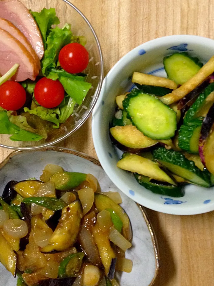 茄子と万願寺唐辛子と玉ねぎの炒めもの（写真下）|かけともさん