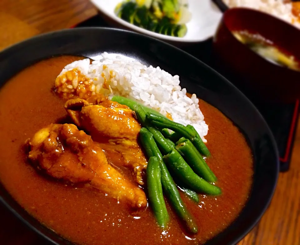 晩ごはん  久しぶりのカレーの日  手羽元とインゲンのカレー|砂雪さん