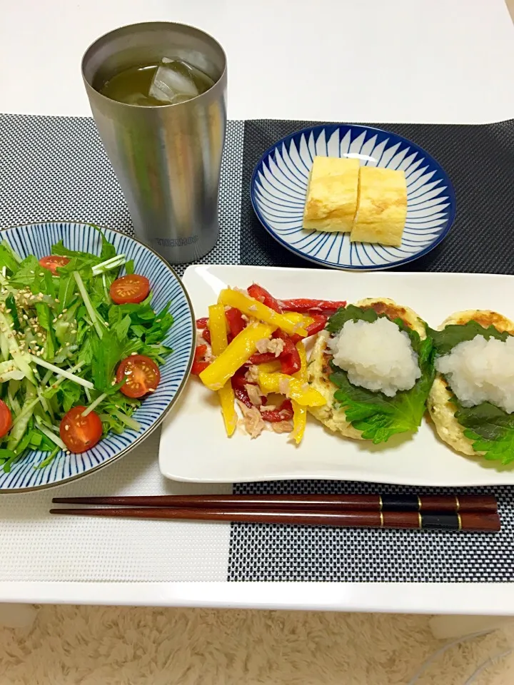 ♯豆腐ハンバーグ♯パプリカとツナのマリネ♯水菜のサラダ♯出し巻きたまご|なほぴさん