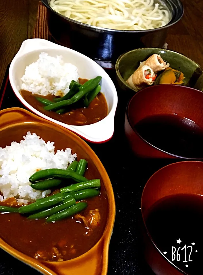 昼ごはん  インゲンカレー 釜揚げうどん 煮物|ぽんたさん