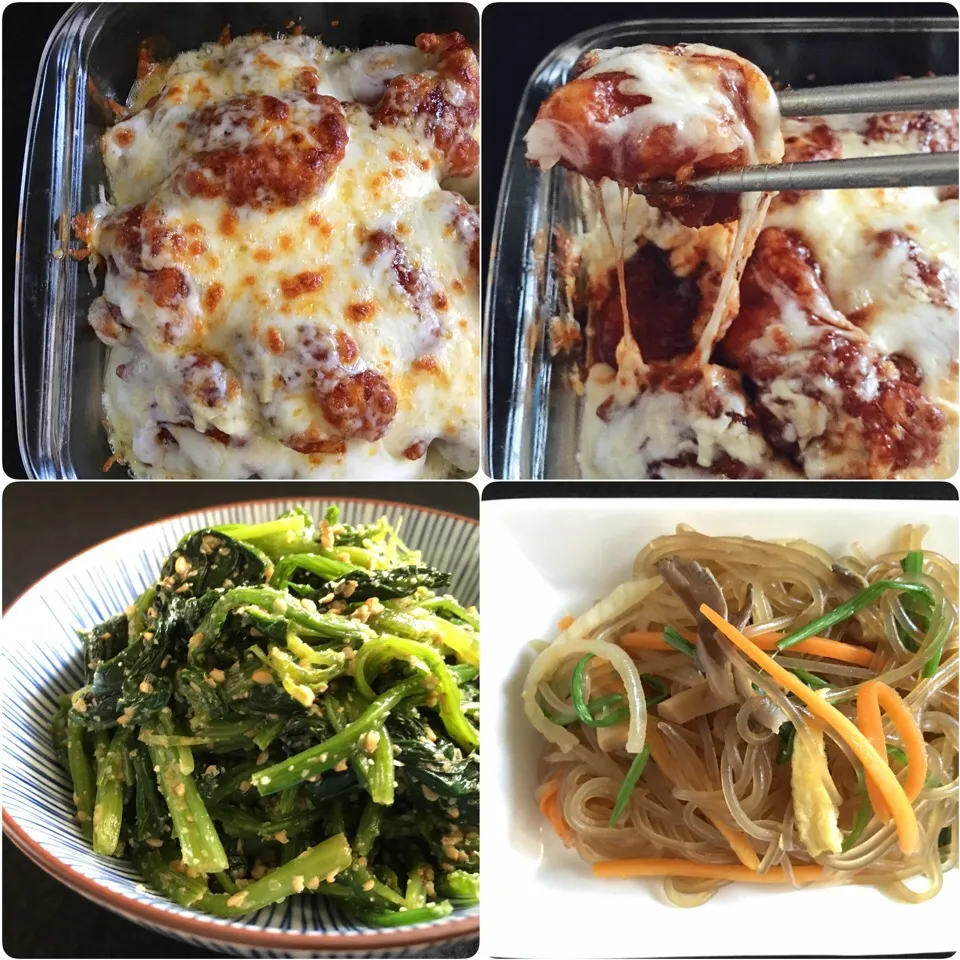 Korean dinner - Cheese Buldak(Korean spicy chicken with cheese), sesame spinach banchan, japchae(Korean glass noodles stirfry)|coxiella24さん