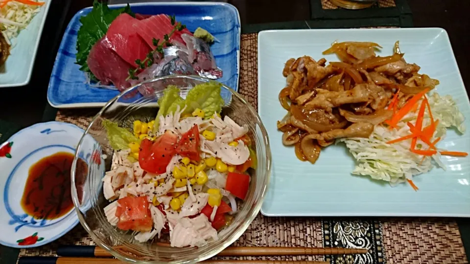 お刺身&煎り豚&鶏肉サラダ|まぐろさん